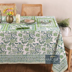 Green French Tablecloth, Cotton Table Cover, Block Printed Tablecloth, Rectangle Tablecloth, Christmas gift, Thanks Giving Table Decor Ideas