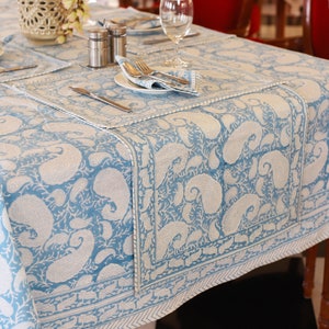 Blue Paisley Block Print tablecloth, Indian Cotton Table Cover, Rectangle Table Cloth, Easter Table Cloth, Garden Party Table Scape Decor image 3