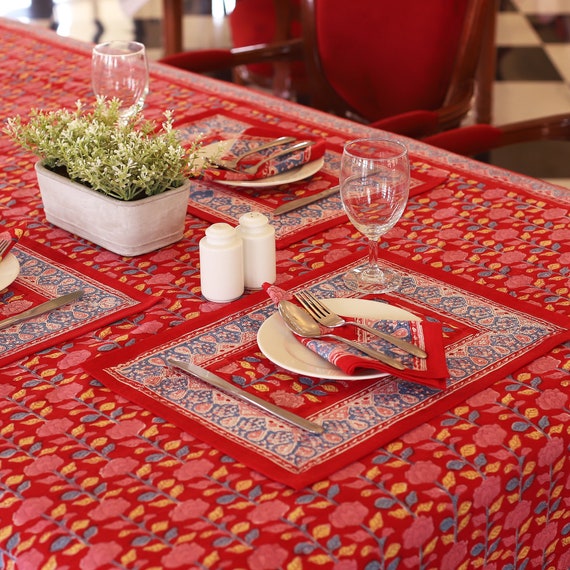 Red Block Print Cotton Dinner Table Cloth Napkins Premium Quality - Set of  6 -M1