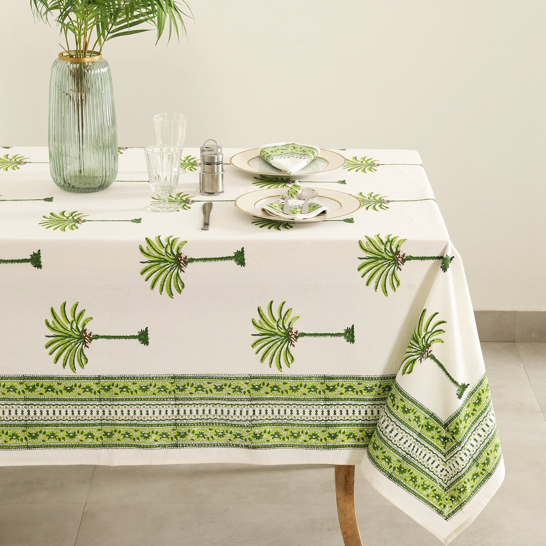 Green Palm Print Tablecloth, Table Scape Holiday Decoration, Table