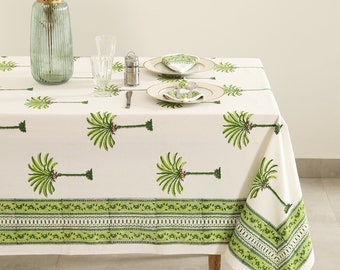 Green Palm Print tablecloth, Table Scape Holiday Decoration, Table Cloth Runner Mats Napkins Set, Anokhi Tablecloth, Rectangle Table Cloth