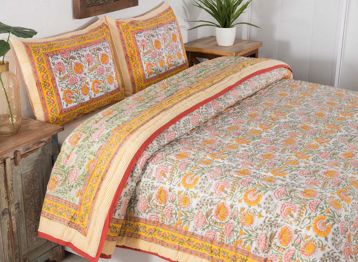 Block Print Quilt Indian Reversible Jaipur Razai Cotton Voile Etsy