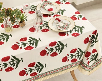 Indian Red Poppy Big Flower Block Print tablecloth Cotton Table Cover Linens Napkins Set Kitchen Dining Table Boho Decor 6 8 10 Seater