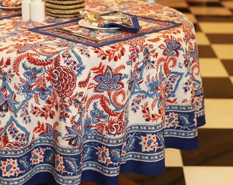 Blue Floral Round Tablecloth, Indian Block Print Round Table Cover, Circle Tablecloth, Housewarming Gift, Country Kitchen Round TableCloth