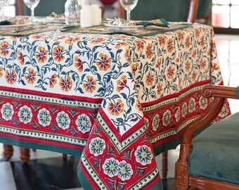 White Indian Block Print tablecloth, Floral Cotton Table Cover, Table Scape Cloth Mats Napkins Set , Farmhouse Tablecloth,Gift For New Home