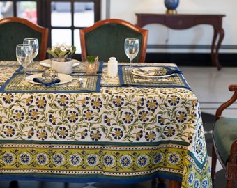 Indian Block Print tablecloth, Floral Cotton Table Cover, Table Cloth Runner Mats Napkins Set , Farmhouse Tablecloth, Rectangle Table Cloth