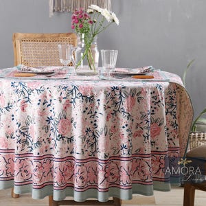 Tovaglia rotonda floreale rosa, tovaglia rotonda con stampa a blocchi indiana, tovaglia circolare, regalo di Natale, tovaglia rotonda in lino da cucina da 60 pollici