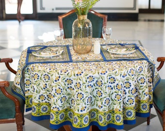 French Round Tablecloth, Indian Block Printed Round Tablecloth, 90" Inch Tablecloth, Floral Round Dinning TableCloth, Wedding Table Decor