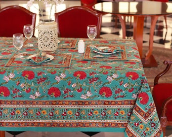 Red Green Floral Block Print tablecloth, Indian Cotton Table Cover, Rectangle Table Cloth, Christmas Table Cloth, Garden Party tablescaping