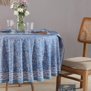Blue Floral Round Tablecloth, Indian Block Print Round Table Cover, Circle Tablecloth, Birthday Gift, Outdoor Wedding Large Round Table