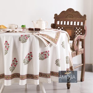Indian White Round Tablecloth Cover, Block Printed Round Tablecloth, 90&quot; Inch Tablecloth, Floral Round Dinning TableCloth,Circle Table cloth