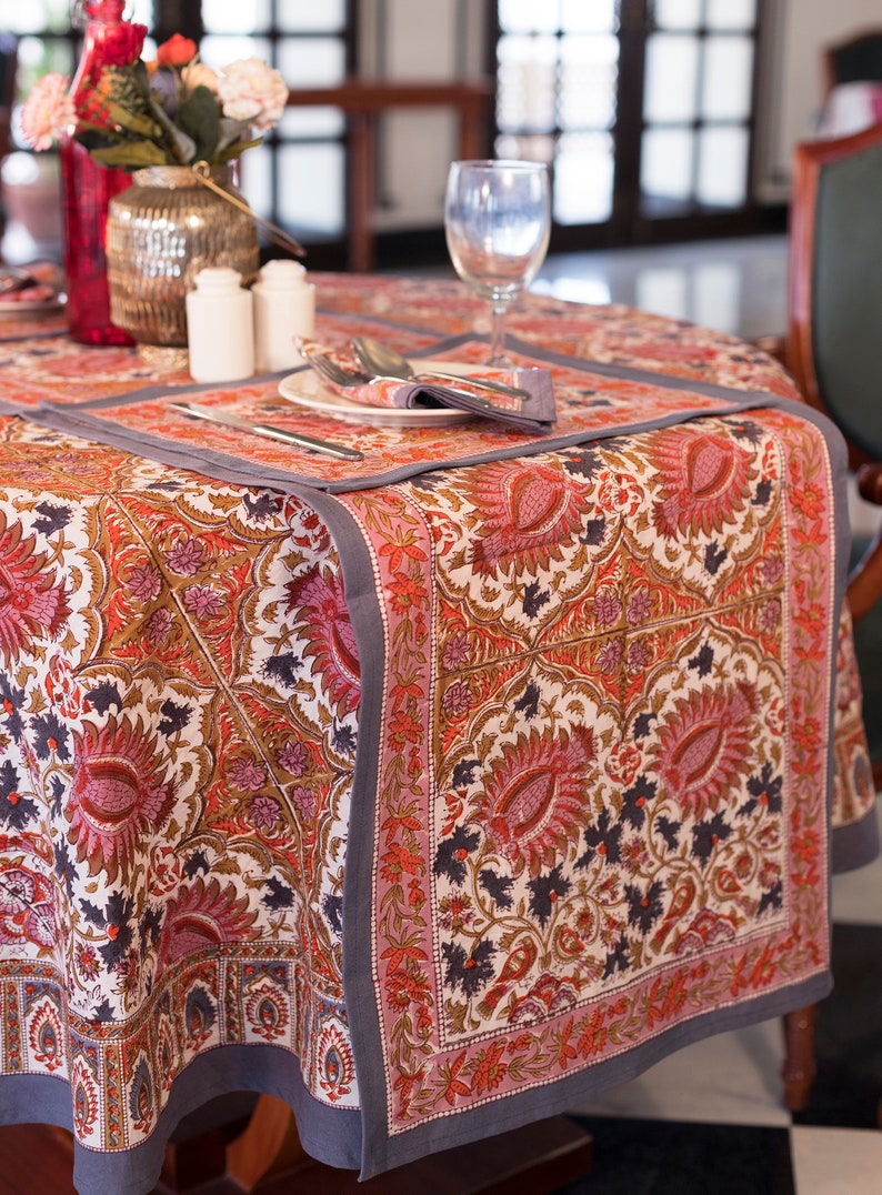 French Round Tablecloth, Indian Block Printed Round Tablecloth, 90 Inch Tablecloth, Floral Round Dinning TableCloth, Wedding Table Decor image 6