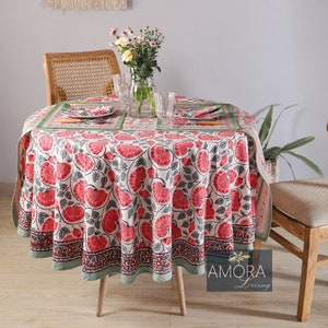 Green Pink Indian Round Tablecloth -Vintage Floral Design, Cotton Print Fabric, Housewarming Gift, Country Kitchen Tablecloth 90 inch Round