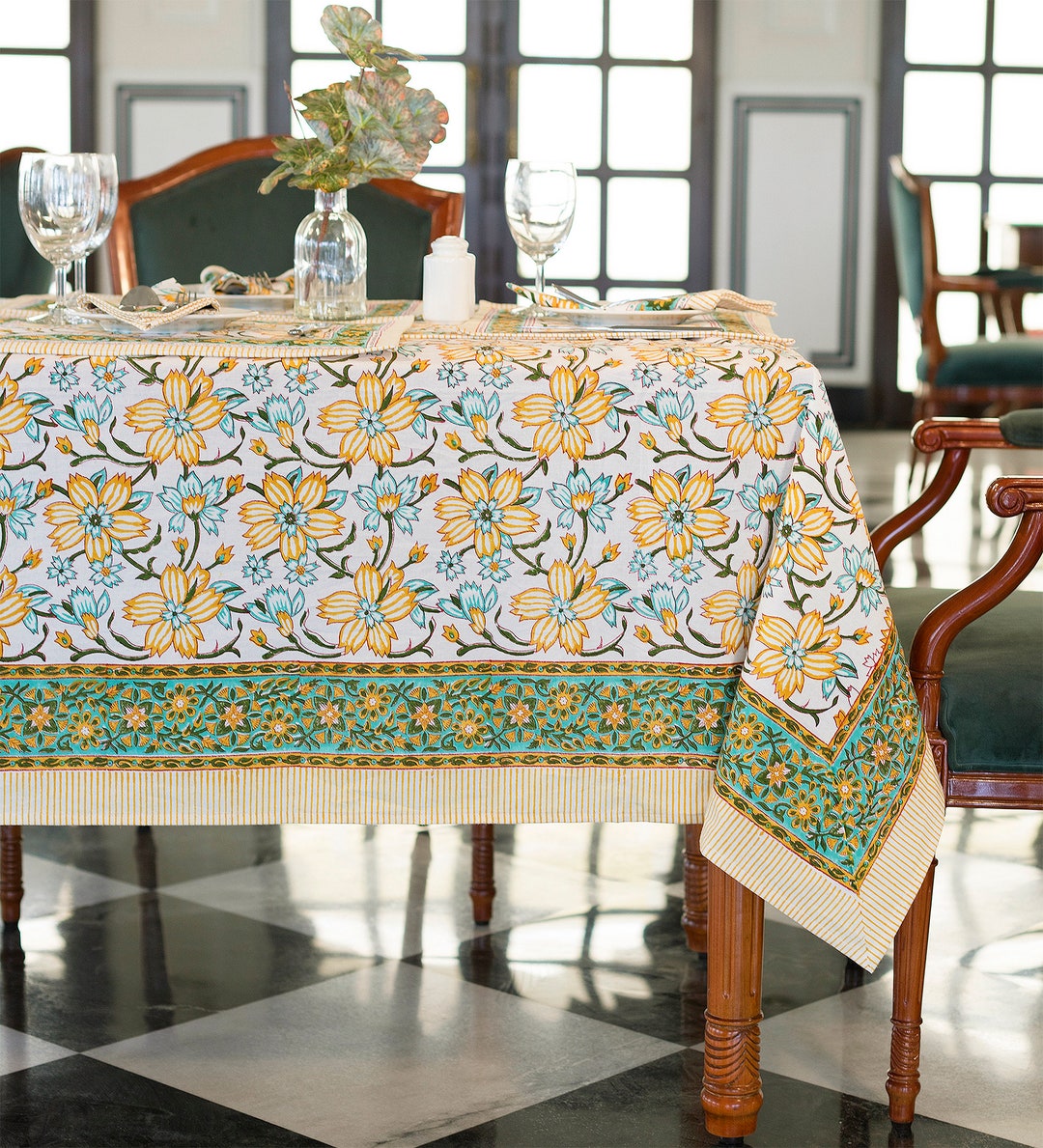Spring Floral Tablecloth Cover, Block Printed Tablecloth, Indian Table ...
