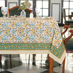 Spring Floral Tablecloth Cover, Block Printed Tablecloth, Indian Table Linen, Dinning TableCloth ,Elegant Decoration, Rectangle Tablecloth