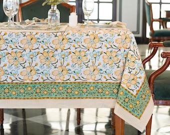 Spring Floral Tablecloth Cover, Block Printed Tablecloth, Indian Table Linen, Dinning TableCloth ,Elegant Decoration, Rectangle Tablecloth