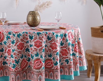 Sea Green Pink Round Tablecloth, Indian Block Print Round Tablecloth, Christmas Floral Round Dinning Table Cloth, Royal Wedding Table Decor