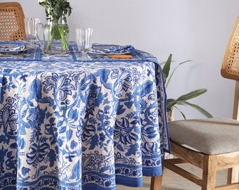 Blue Floral Round Tablecloth, Indian Block Print Round Table Cover, Circle Tablecloth, Christmas Gift, Outdoor Wedding Large Table Cloth