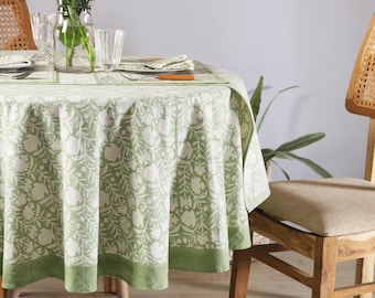 Sage Green Indian Round Tablecloth -Vintage Floral Design, Christmas Tablecloth Decor, Housewarming Gift, Country Kitchen Table Scape