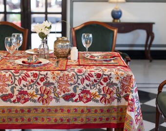 Indian Block Print tablecloth, Floral Cotton Table Cover, Table Cloth Runner Mats Napkins Set , Farmhouse Tablecloth, French Table Decor