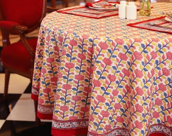 Red Rose Block Printed Round Tablecloth, Floral Printed Round Tablecloth, 90" Inch Tablecloth, Round Dinning Table Cover, Boho Table cloth