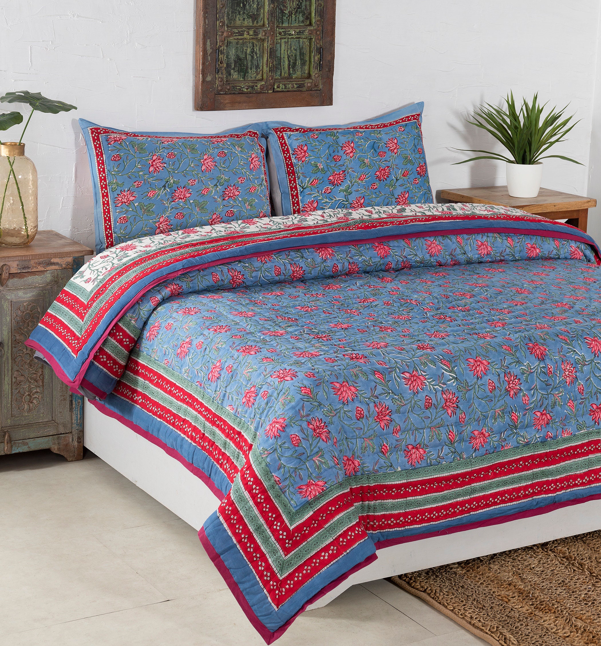 Blue Block Print Quilt Indian Reversible Razai Cotton Voile Etsy