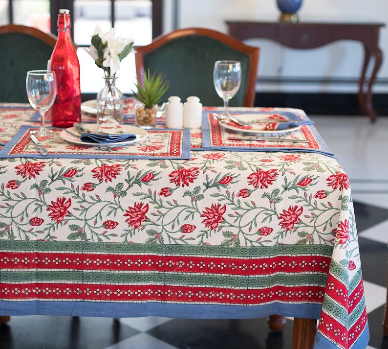 Indian tablecloth, Hand Block Printed Fabric ,Floral Indian Cotton Table Linen For Sale, Table Cloth ,6 seater shabby chic table cover Large image 1