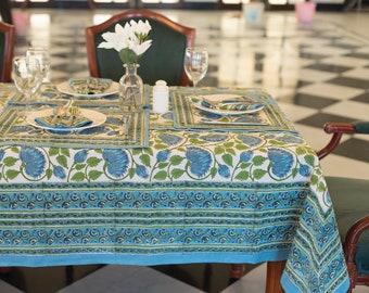 Indian Floral Block Printed Tablecloth, French Provence Table Decor, Dinning Table Cloth Cover, 6 Seater Table Cover, Kitchen Linen Runner