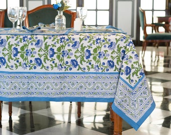 Indian Floral Block Printed Tablecloth, French Provence Table Decor, Dinning Table Cloth Cover, 6 Seater Table Cover, Kitchen Linen Runner