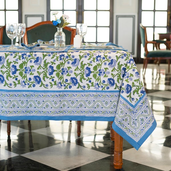 Indian Floral Block Printed Tablecloth, French Provence Table Decor, Dinning Table Cloth Cover, 6 Seater Table Cover, Kitchen Linen Runner