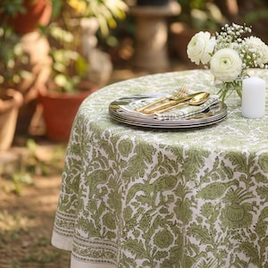 Moss Green Floral Round Tablecloth, Indian Block Print Tablecloth, Cotton Floral Round Tablecloth, Round Dining Table Cover with Napkins