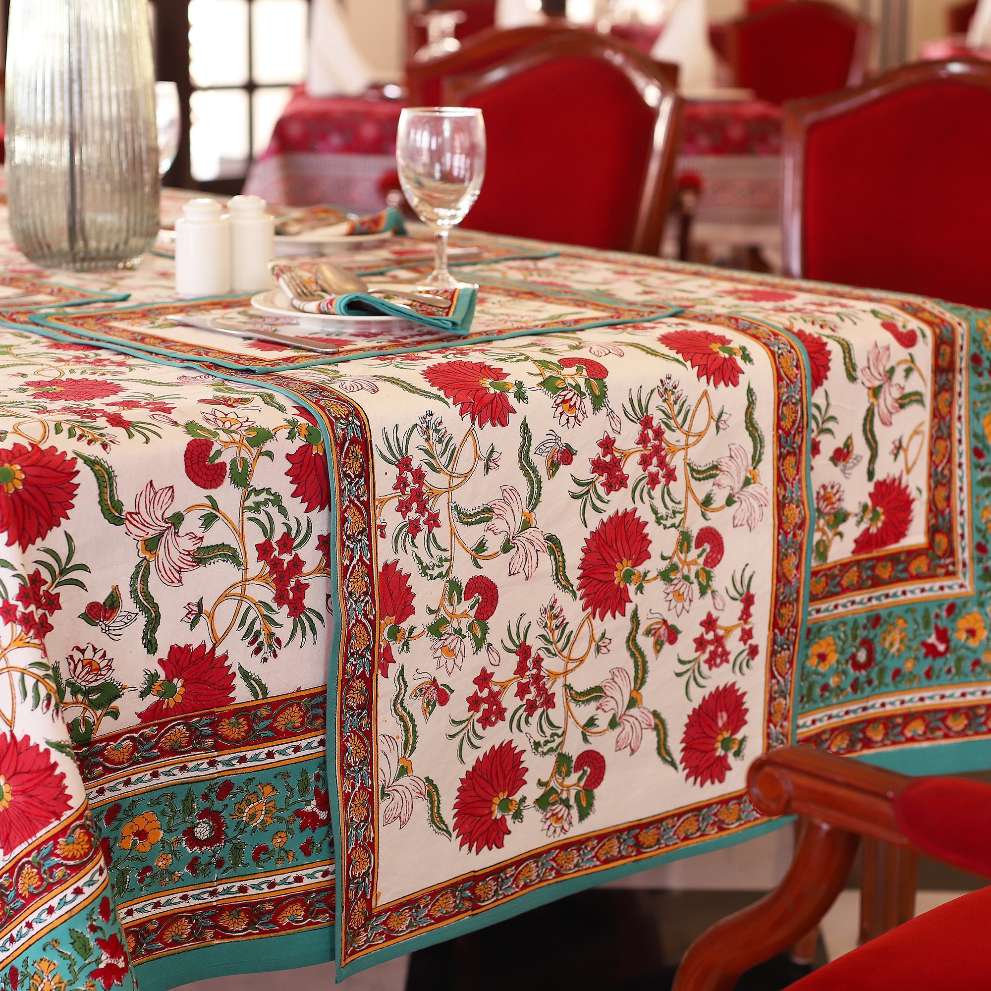 White Red Green Floral Block Print Tablecloth Indian Cotton Etsy