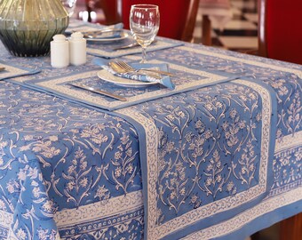 Blue Block Print Tablecloth , Garden Tablecloth, Indian Table Linen,  Floral Dinning TableCloth ,Elegant Table Scape, Rectangle Tablecloth