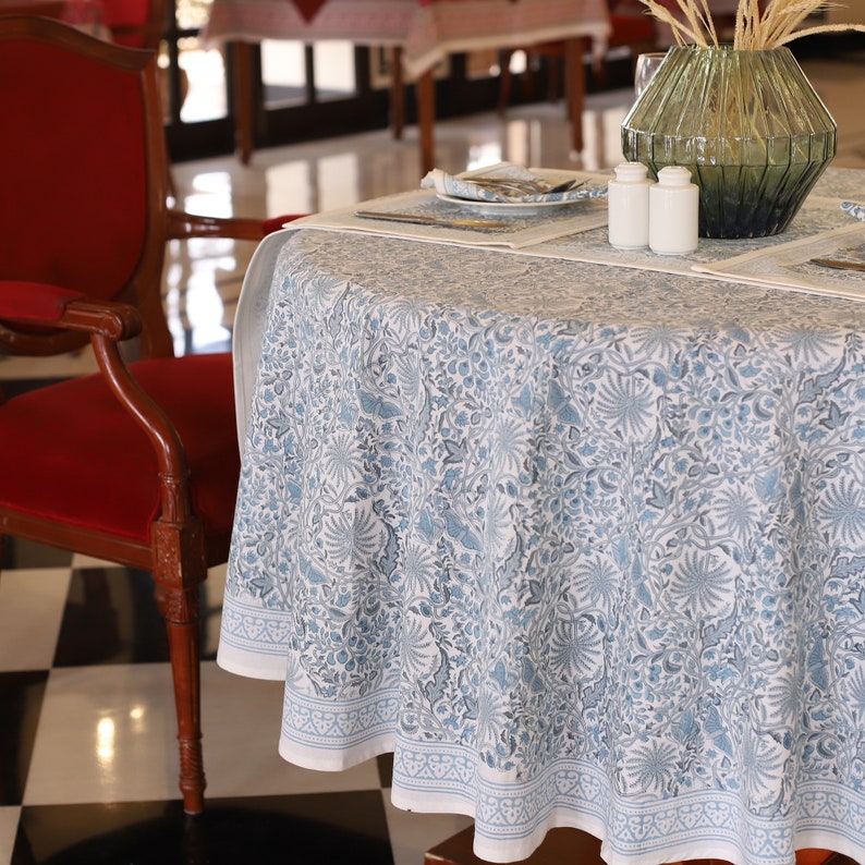 Blue Floral Round Tablecloth, Indian Block Print Round Table Cover, Circle Tablecloth, Housewarming Gift, Wedding Kitchen Round TableCloth image 3