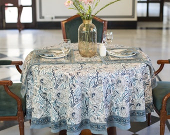 Gray Christmas Block Printed Round Tablecloth, Floral Round Tablecover, Boho Round Tablecloth, Round Dinning Table Cover, Round Table Mats