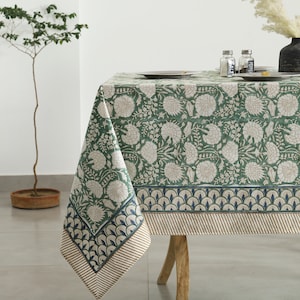 Turquoise Green, Old Moss Green and White Indian Floral Hand Block Printed Cotton Cloth Tablecloth, Table Cover, Farmhouse Wedding Christmas