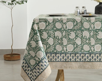 Turquoise Green, Old Moss Green and White Indian Floral Hand Block Printed Cotton Cloth Tablecloth, Table Cover, Farmhouse Wedding Christmas