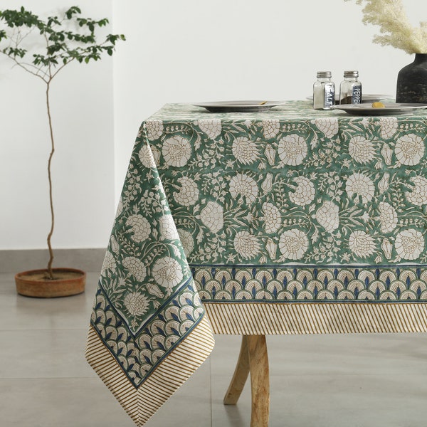 Nappe indienne en tissu de coton, vert turquoise, vieux vert mousse et blanc floral imprimé blocs de main, napperon, mariage à la ferme, Noël