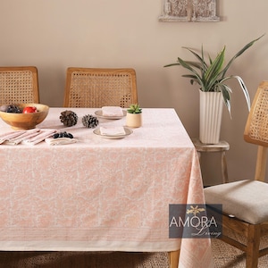 Pastel Peach Pink Floral Tablecloth, Indian Hand Block Print Table Cover Table Cloths, Farmhouse Table Linen, Pink Easter Wedding Tablecloth