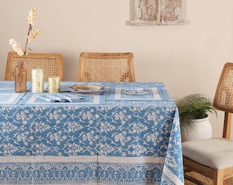 Blue Block Print Tablecloth , Garden Tablecloth, Indian Table Linen,  Floral Dinning TableCloth ,Elegant Table Scape, Rectangle Tablecloth