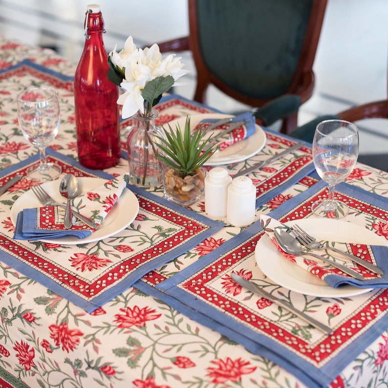 Indian tablecloth, Hand Block Printed Fabric ,Floral Indian Cotton Table Linen For Sale, Table Cloth ,6 seater shabby chic table cover Large image 3