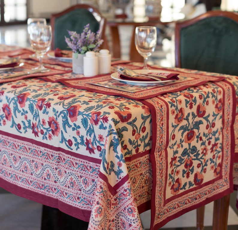 Indian Cotton Table Cover, Block Printed Table Cloth, Cotton Table Cloth, Floral Table Cover, Dinning Table Cloth Cover,6 Seater Table Cover image 3