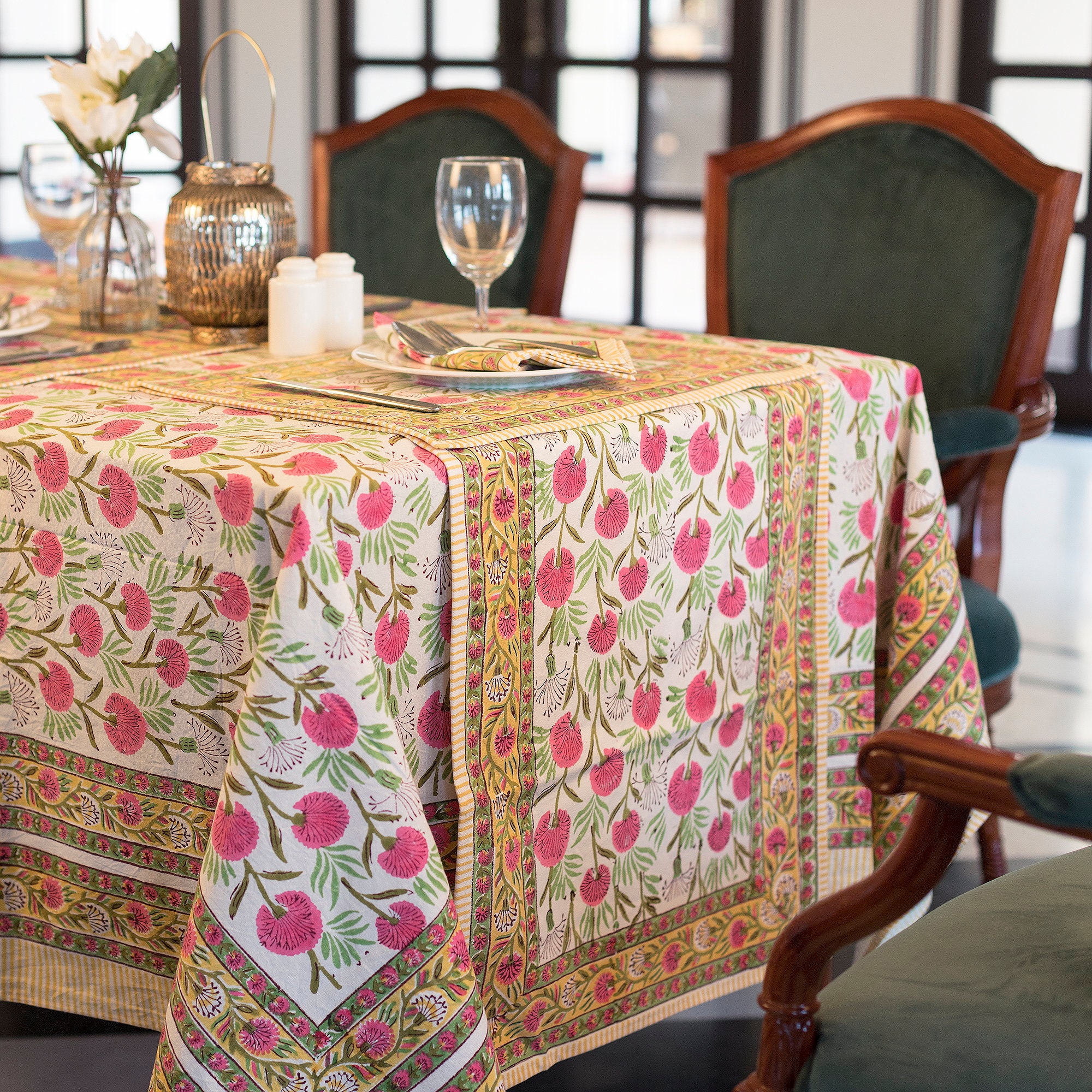 White Indian Block Print Tablecloth Floral Cotton Table Etsy UK