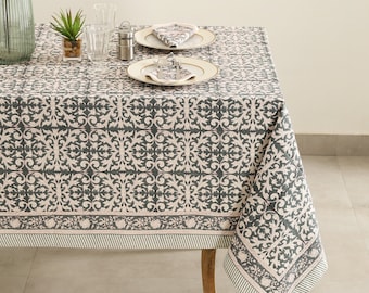 Gray Moroccan Block Print tablecloth, Indian Cotton Table Cover, Rectangle Table Cloth, Summer Lunch Table Cloths, 6,8,10 Seater tablecloth