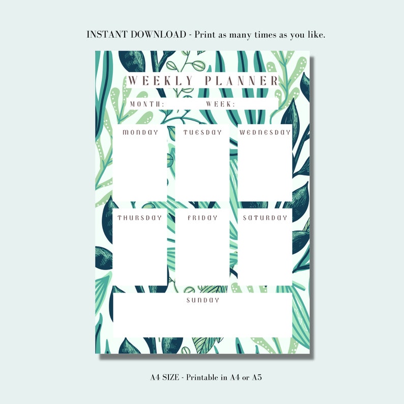 Printable Weekly Calendar, Blank Weekly Planner, A4 A5 PDF File for ...