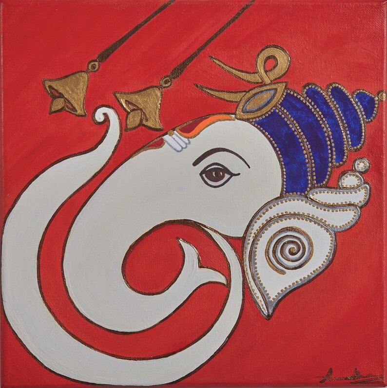 My Ganesha_1, Original shops Painting, Orange-Blue-Gold Abstract Painting, Handmade, Made to order