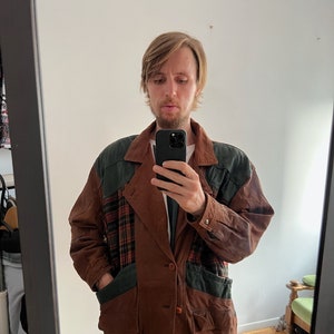 Veste en cuir vintage avec empiècements en tricot, pour homme taille L