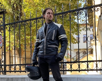 Superb Vintage Black With White Details Leather Jacket With Superb Vintage Black With White Details Leather Jacket With