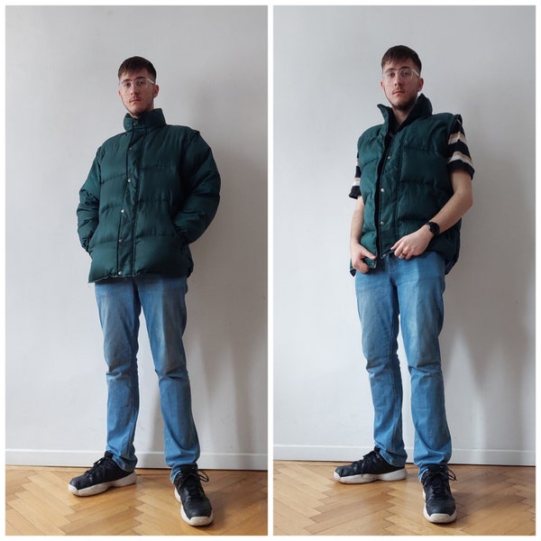 Doudoune Champion vintage verte, manches amovibles (se transforme en gilet), taille L/XL homme ou +-XL femme