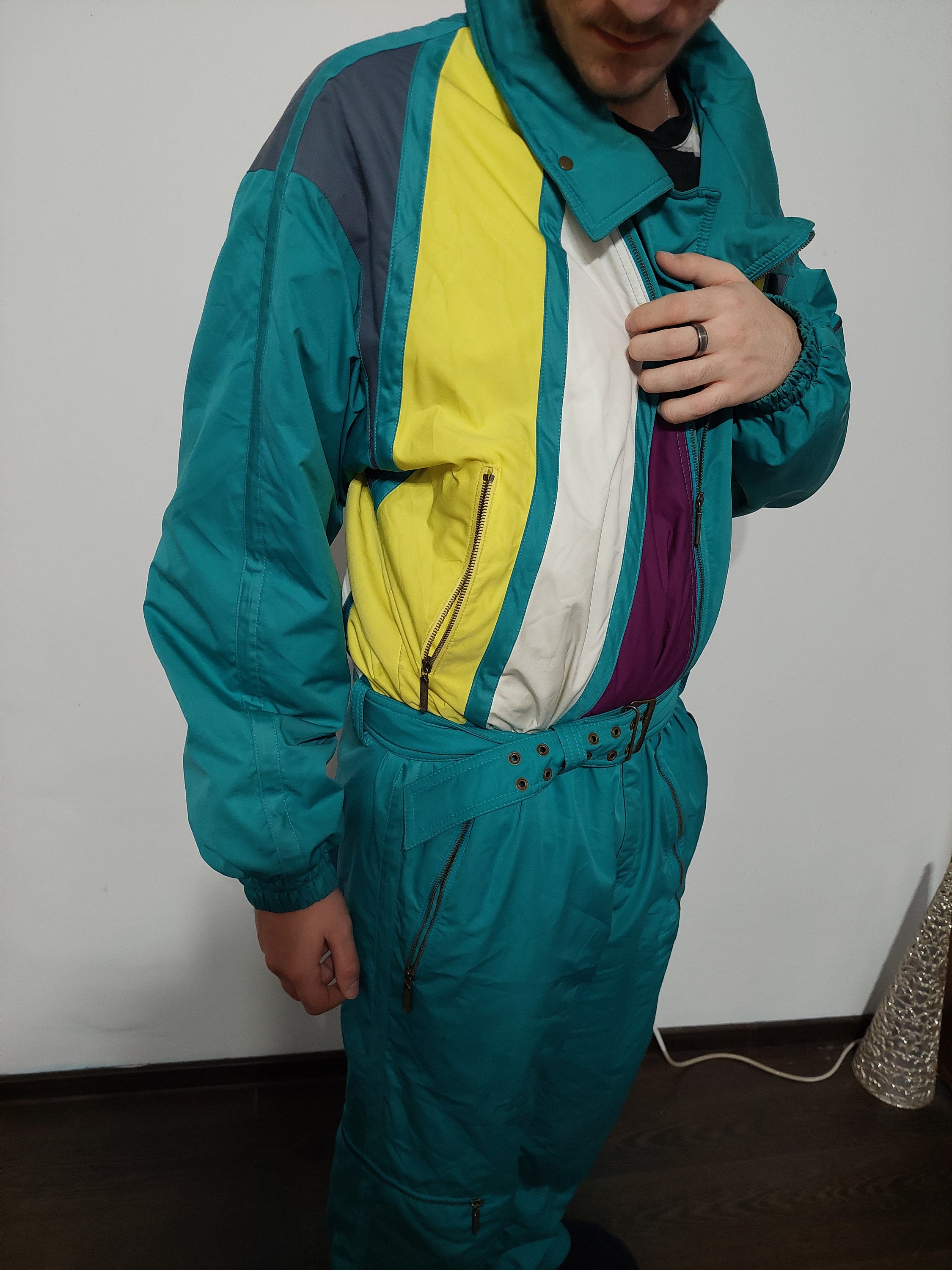 Combinaison De Ski Vintage Années 80 Homme Taille M - Couleur Turquoise/rose
